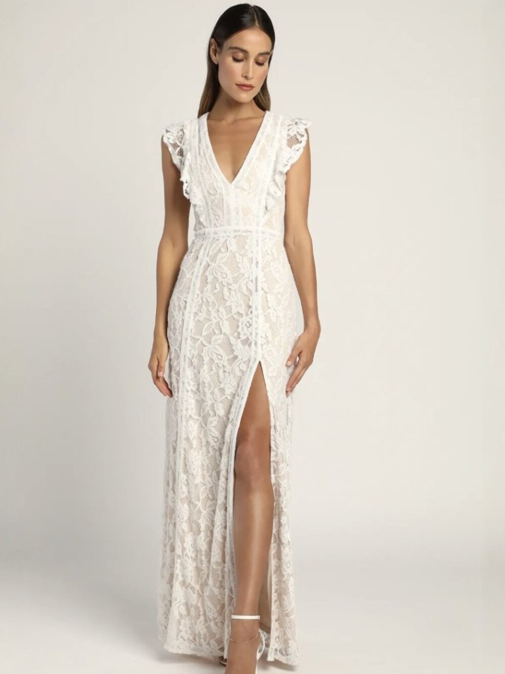 Lulus This Moment in Time White Lace Ruffled Maxi Dress​ NWT